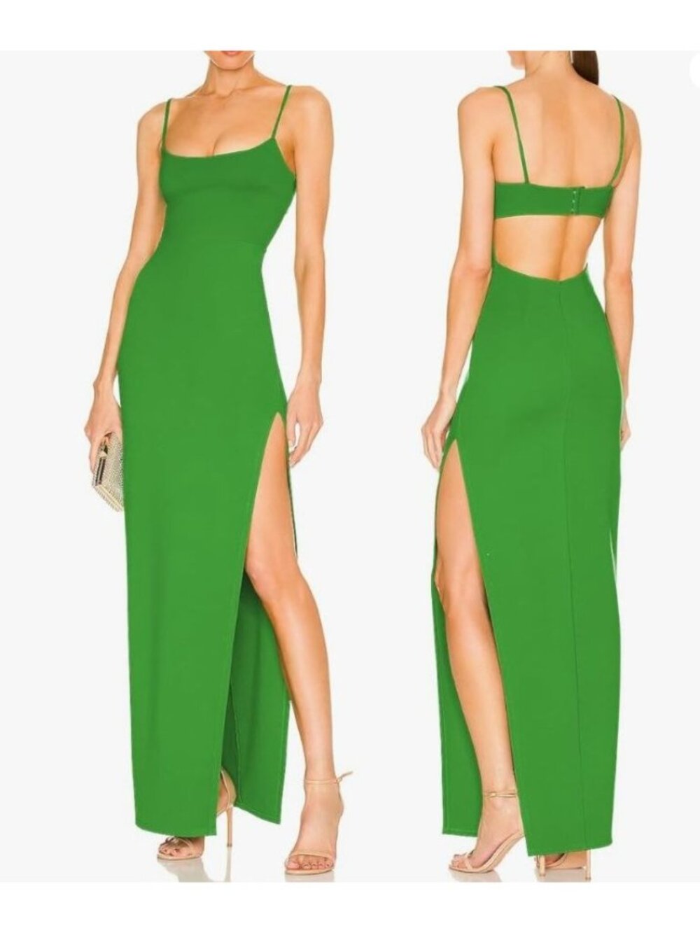 JLCNCUE Maxi Dress Gown Backless Square Neck 0-2‎ Green New Sexy Silky